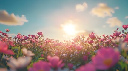 Obraz premium Colorful flower field with warm sunlight and blue sky. Nature landscape. Beautiful environment wallpaper. Peaceful spring concept background