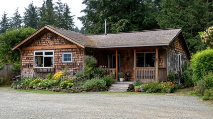 Cozy wooden beach cottage with a wraparound porch, surrounded by lush greenery and ocean breeze.