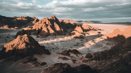 A sunlit desert landscape with jagged rocks casting sharp shadows.