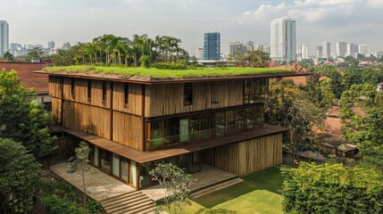 Eco-friendly urban home with bamboo walls, a green roof, and an airy, sustainable design.