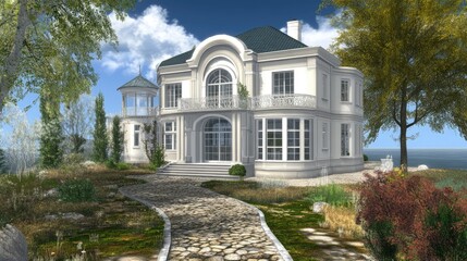 Fototapeta premium Elegant country house with large bay windows and a stone pathway.