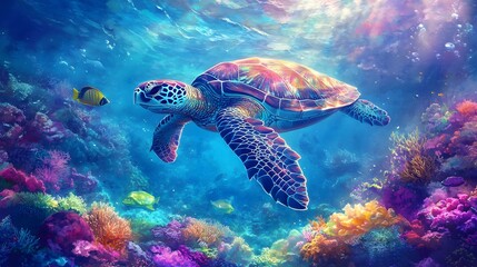 Sea turtle swimming the undersea, Beautiful Underwater and colorful coral in the wild nature of the Pacific Ocean.