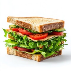 Sandwich layered with fresh lettuce ripe tomatoes isolate on white background