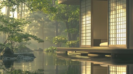 Fototapeta premium Serene Japanese garden house with pond.