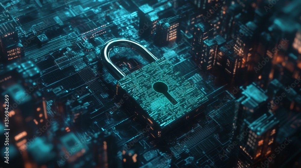 Aufkleber Create  prompts for stock photos related to Cyber security design. Padlock lock on digital screen, d render padlock protection digital network with - characters and ending with