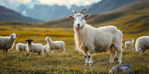 Obraz premium Hillside pasture with grazing rams and ewes