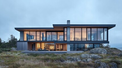 Fototapeta premium Elegant modern beach house with floor-to-ceiling windows, open-concept design, and ocean reflections.
