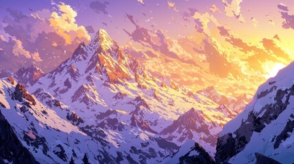 Obraz premium Majestic snow-capped mountain peak at sunset, vibrant colors, dramatic cloudscape.
