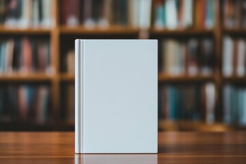 Copy Space of a Book – Minimalistic White Mock Up Book on Wooden Table with Cozy Library Background