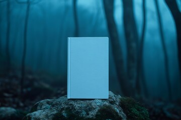 Copy Space of a Book – Crisp White Hardcover Mock Up Book on Mossy Rock in Misty Forest with Enchanted Atmosphere