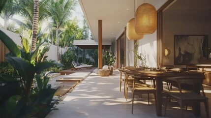 Fototapeta premium Elegant rental villa with an outdoor dining area, modern design, and tropical plants.
