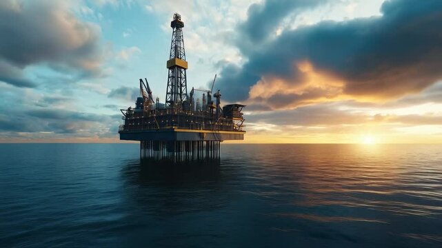 Sunset over offshore oil rig highlighting industry operations in calm waters