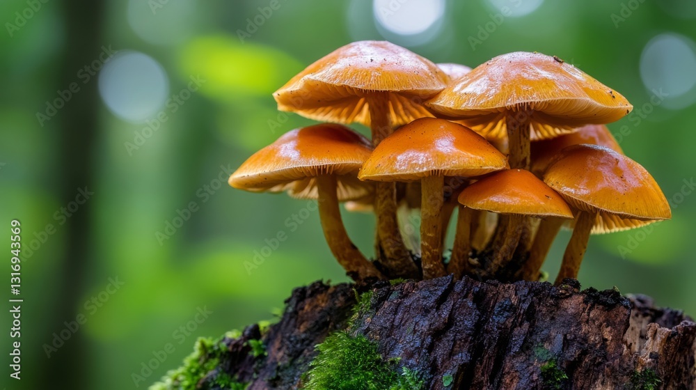 Poster Create  prompts for stock photos related to Mushrooms group Kuehneromyces mutabilis on a tree stump with - characters and ending with