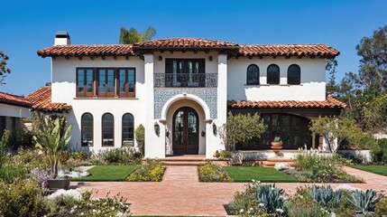 Fototapeta premium Elegant Spanish-style two-story home with decorative tiles, arches, and a red clay roof.