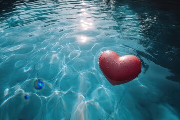 Serene pool scene with a red heart floating on crystal clear water reflecting sunlight creating a romantic and peaceful mood for love and relaxation
