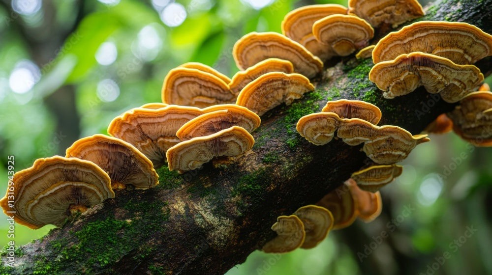 Poster Create  prompts for stock photos related to Reishi mushrooms grow on the branches of trees in the forest with - characters and ending with