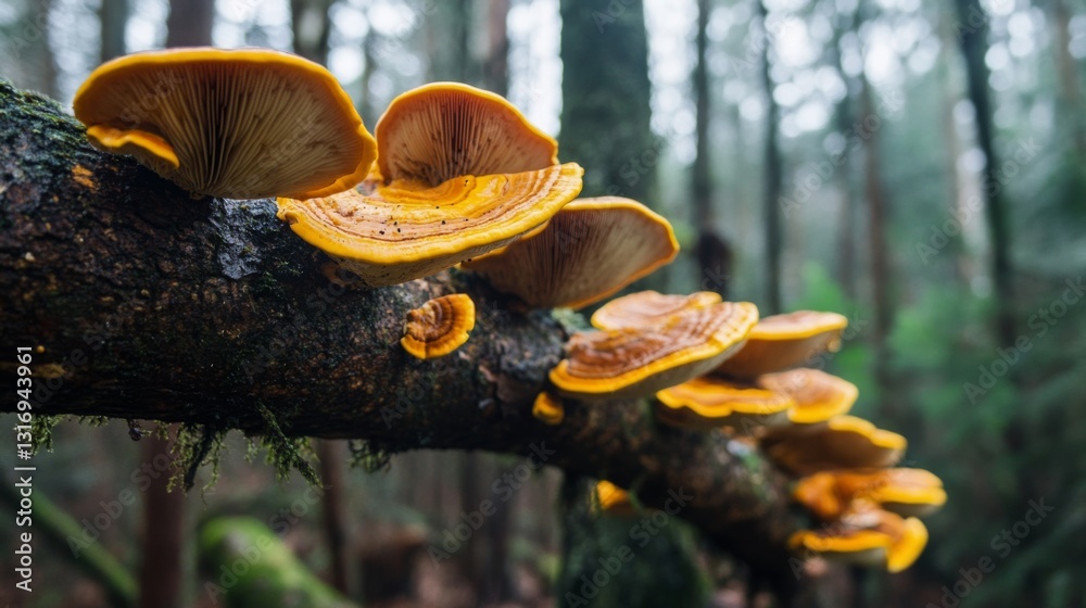 Aufkleber Create  prompts for stock photos related to Reishi mushrooms grow on the branches of trees in the forest with - characters and ending with