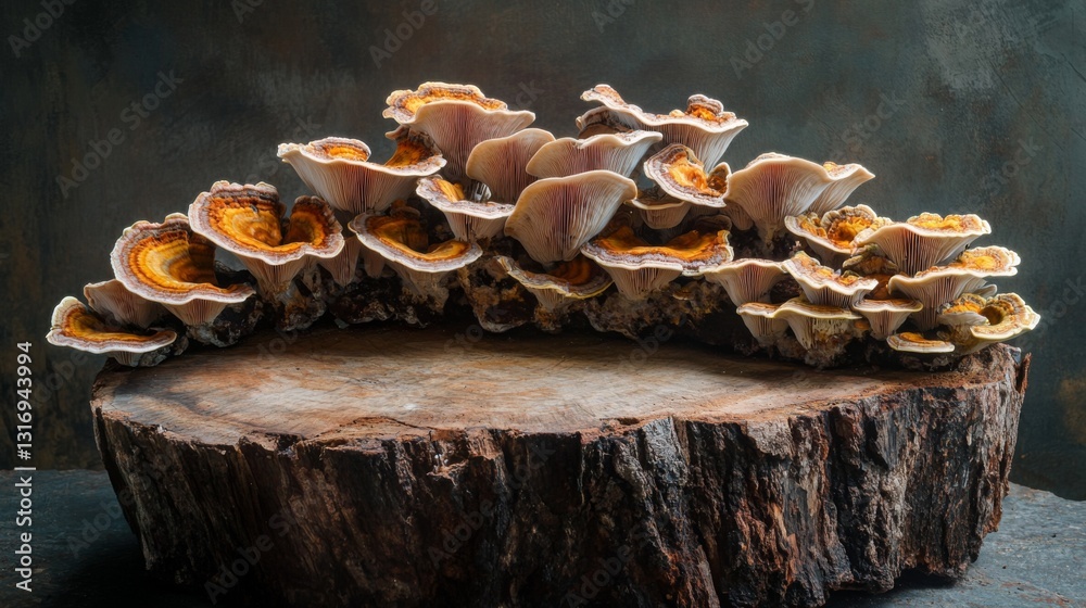 Poster create prompts for stock photos related to reishi mushroom colony growing on a tree stump with - cha