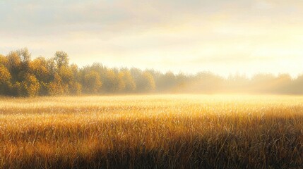 Fototapeta premium Golden autumn field at sunrise, misty forest background.