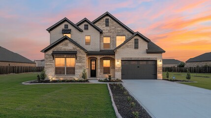 Elegant suburban two-story home with a well-manicured lawn and inviting front porch.