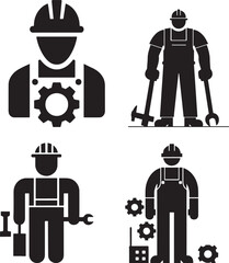 Labour Day Icon Silhouettes, Black and White Silhouette Illustrations of Construction Workers