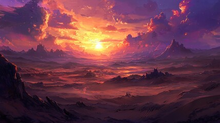 Vibrant sunset over a vast, mystical landscape with dramatic mountains and hazy valleys.