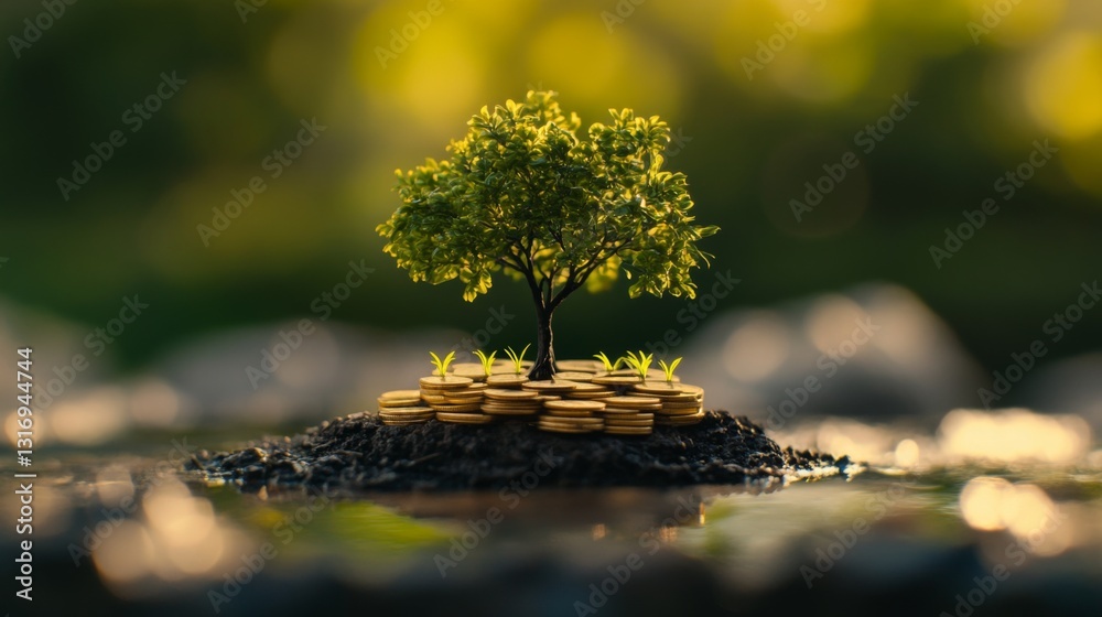 Poster Create  prompts for stock photos related to Tree growing on coin of stacking gold coins with green bokeh background with - characters and ending with