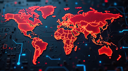 digital world map with glowing red outlines on dark circuit board background, symbolizing technology and connectivity