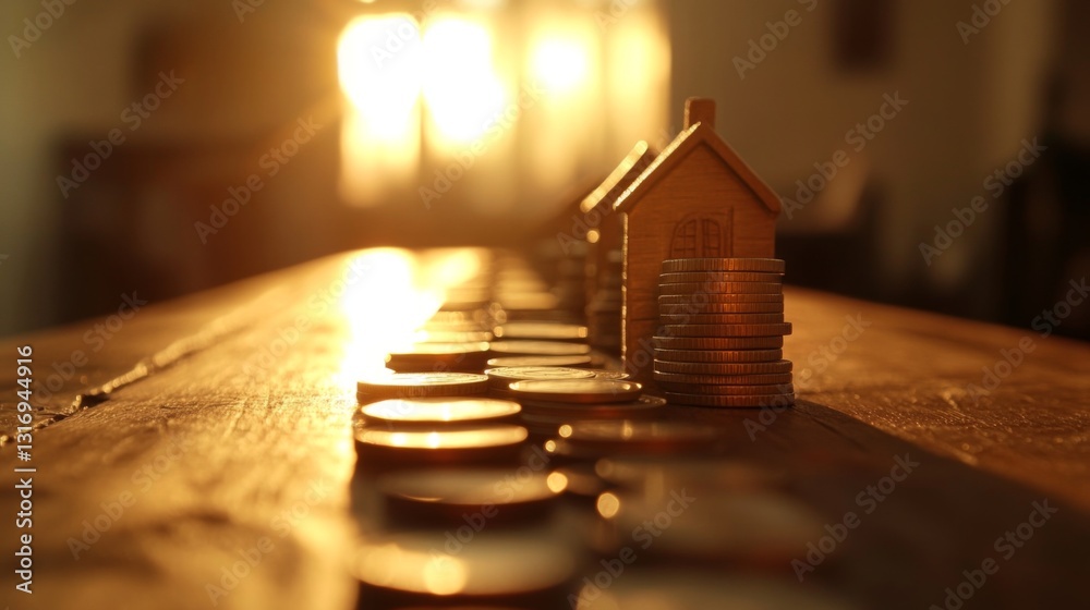 Poster Create  prompts for stock photos related to Wood house and row of coin money on wood table and , selective focus, Planning to buy property with - characters and ending with