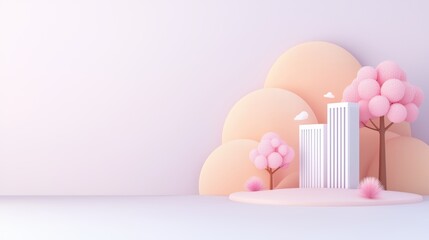 A serene pastel scene featuring stylized buildings among fluffy pink clouds and colorful trees, creating a dreamy, whimsical atmosphere.