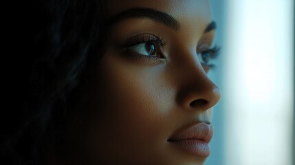 Fototapeta premium Close-up profile view of a young woman gazing thoughtfully out of a window