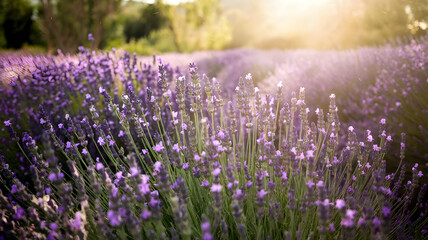 Naklejka premium A sunlit field of lavender with the flowers swaying in the warm breeze.