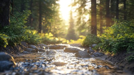 Sunlit stream flowing through a lush forest.
