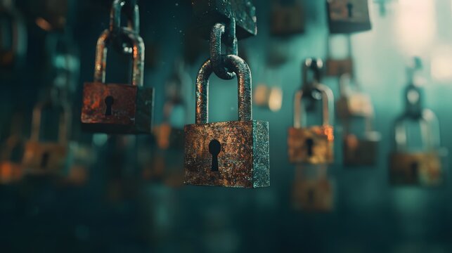 A close-up of floating padlocks in cyb 3 1 showcasing digital security concepts encryption technology and advanced protection mechanisms in cyberspace