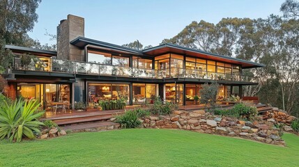 Fototapeta premium Glass-walled modern house surrounded by trees and nature.