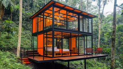 Glasshouse vacation retreat nestled in the middle of a vibrant forest.