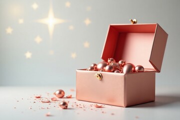Rose gold treasure chest overflowing with decorative spheres and shimmering fragments against a soft, starry backdrop.