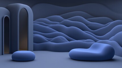 Obraz premium Abstract blue 3D rendered scene with wavy background, arched doorways, and modern furniture.