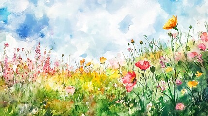 Obraz premium Artistic Watercolor Flowering Meadow for Nature and Botanical Designs
