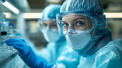 Scientists in protective suits, masks, and goggles working in a laboratory conducting research with test tubes and advanced equipment