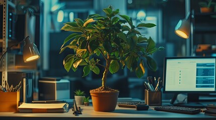 A serene workspace featuring a lush green plant creating a calm atmosphere. Perfect for enhancing focus and productivity. Bring nature indoors. Generative AI