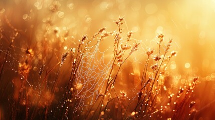 Dew-covered spiderweb in a sunlit field.
