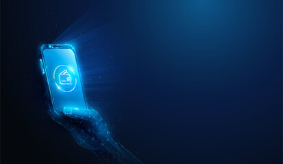 Low Poly Smartphone in Hand With Wallet Application Icon. Abstract geometric illustration on personal budget, digital wallet or online banking app business concept by wireframe mesh on blue background