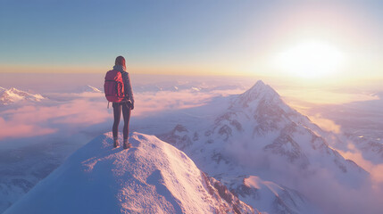 Fototapeta premium A young woman stands on top of a high mountain after trying to climb it, to show her success.