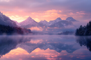 Majestic Mountain Landscape at Dawn with Tranquil Lake and Snow-Capped Peaks Reflecting in Still Waters Amidst Pine Trees and a Spectacular Sunrise Sky
