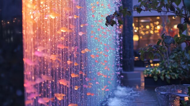 Colorful Fish Swimming in a Vibrant Waterfall Display at Night