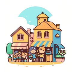 Naklejka premium Cute Village Scene, People Shopping