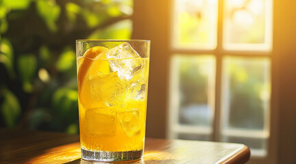 a refreshing yellow citrus drink in a tall glass, ice cubes floating, droplets on the surface, placed on a wooden table with natural sunlight streaming through a window, vibrant yellow and warm brown 