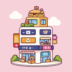Naklejka premium Cute Food Building Illustration