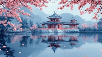 Obraz premium Serene Asian landscape with cherry blossoms and traditional pavilion reflecting on a calm lake
